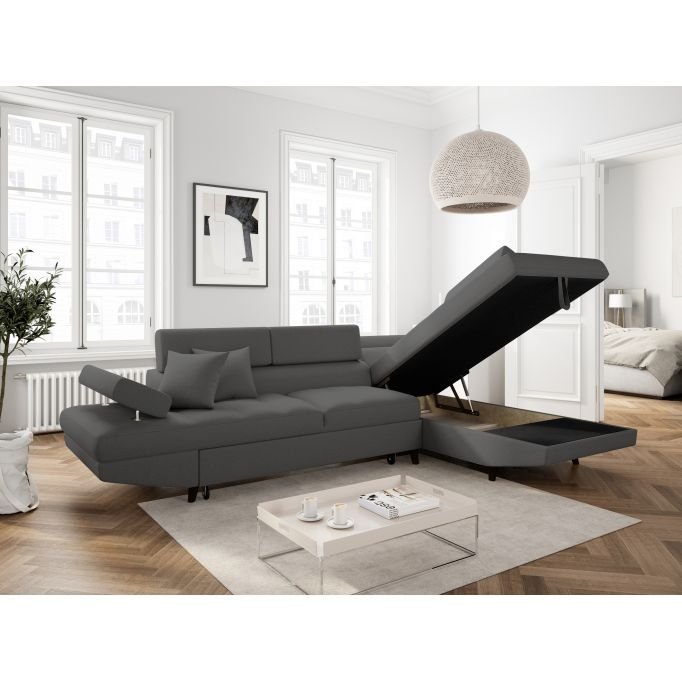 Canapé d'angle ROMEO SCANDINAVE convertible avec coffre, pieds bois noir, en tissu - Meublei