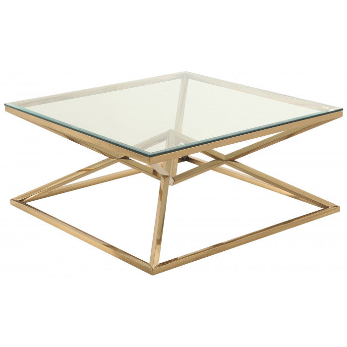 Table basse design carré en acier inoxydable poli doré et plateau en verre trempé transparent L. 100 x P. 100 x H. 43 cm collection PARMA