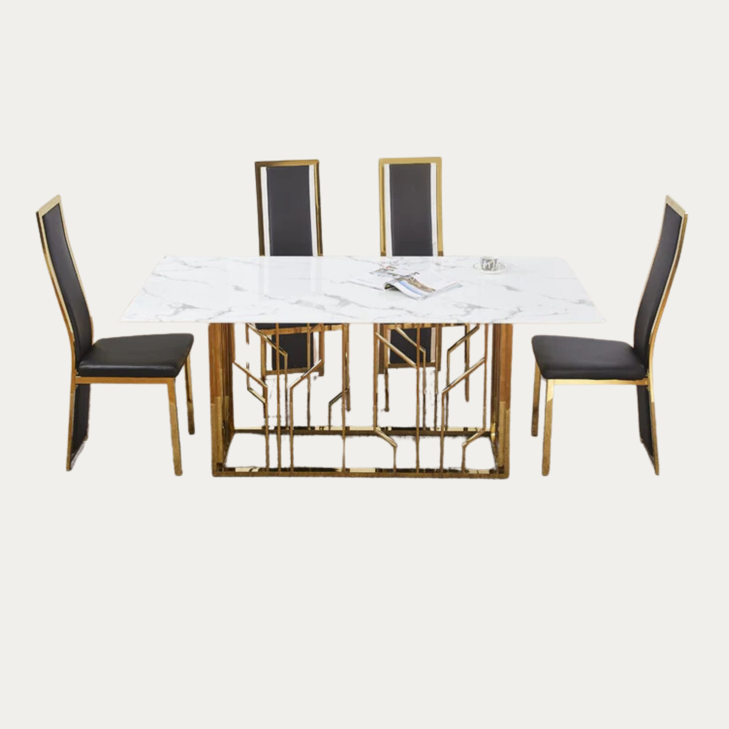 Ensemble de table à Manger  en Marbre Blanc et 4 Chaises en Velours Noir - Meublei