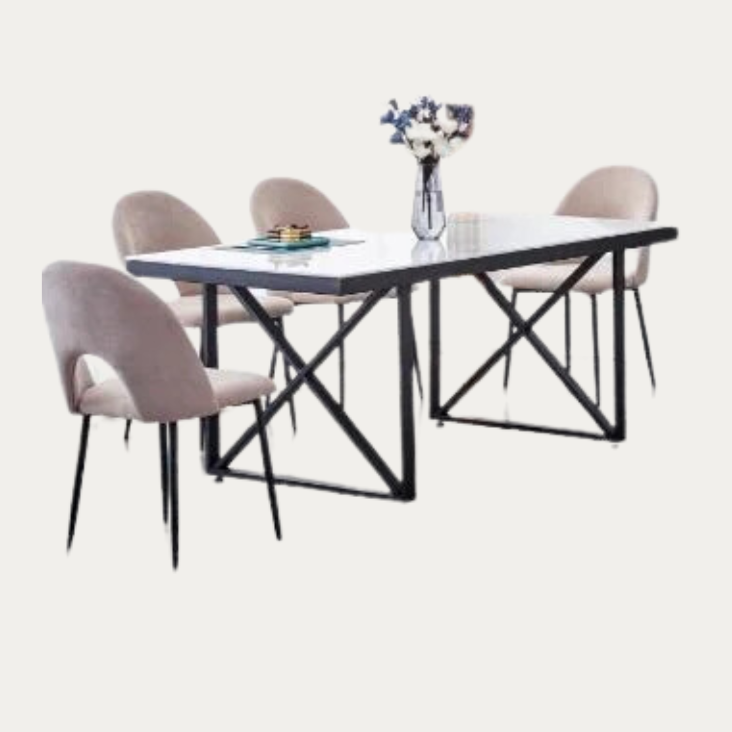 Ensemble table de repas et 6 chaises Levanto - Plateau en marbre beige, pieds en métal noir - Meublei