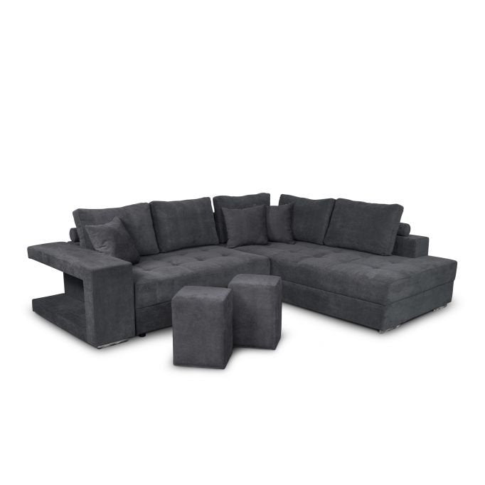 Canapé d'angle TINA convertible avec 2 poufs et coffre en tissu - Meublei